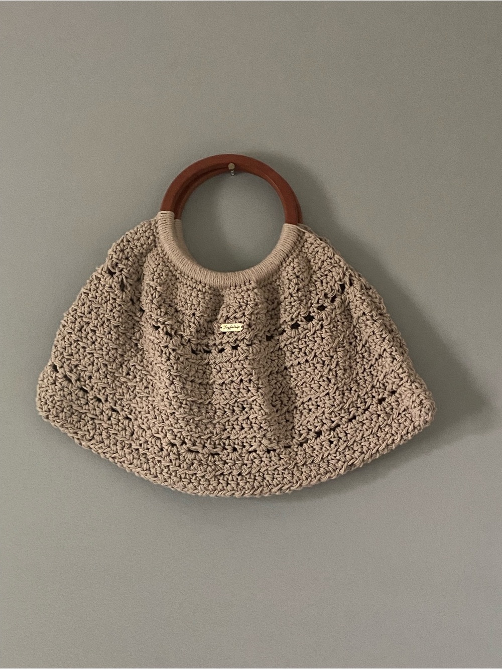 Crochet Purse/Tote Bag with Wooden Handles - Beige.   approximately 8 x 16 “